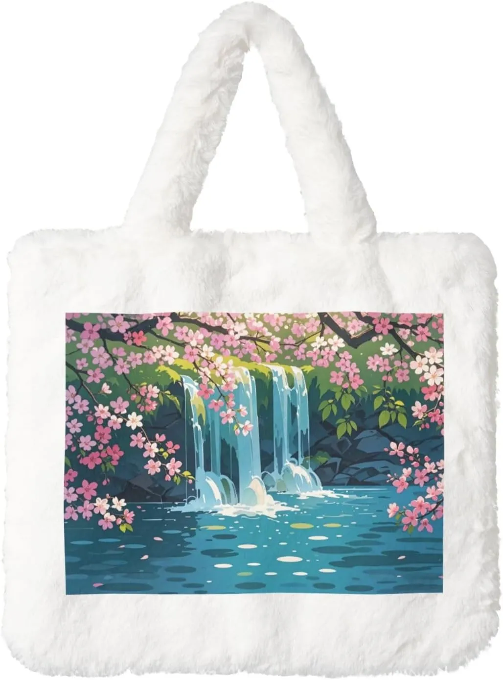 Blossom Cascade Printed Plush Handbag, White Soft Faux Rabbit Fur Shoulder Bag for Women, Suitable for Autumn and Winter