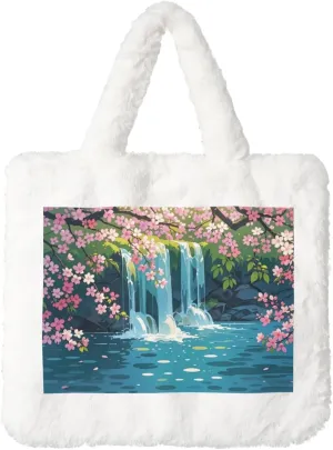 Blossom Cascade Printed Plush Handbag, White Soft Faux Rabbit Fur Shoulder Bag for Women, Suitable for Autumn and Winter