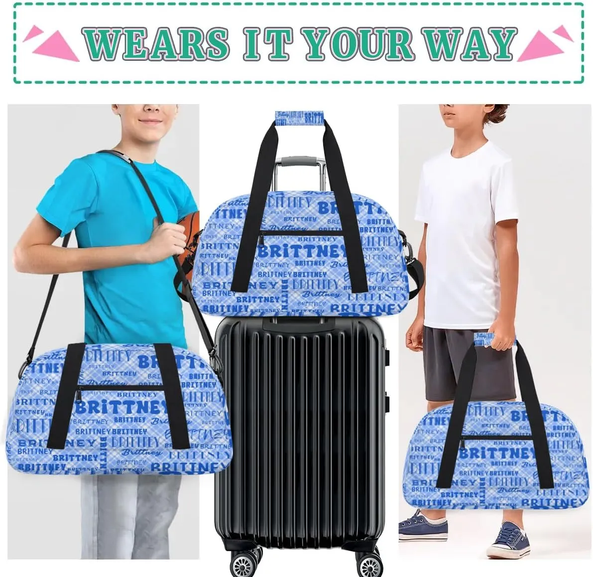 Blue Texture Personalized Duffle Bag for Kids Custom Dance Ballet Bag with Name Lightweight Travel Weekender Overnight Bags Sport Gym Duffel Bag Workout Carry On Tote for Girls Boys