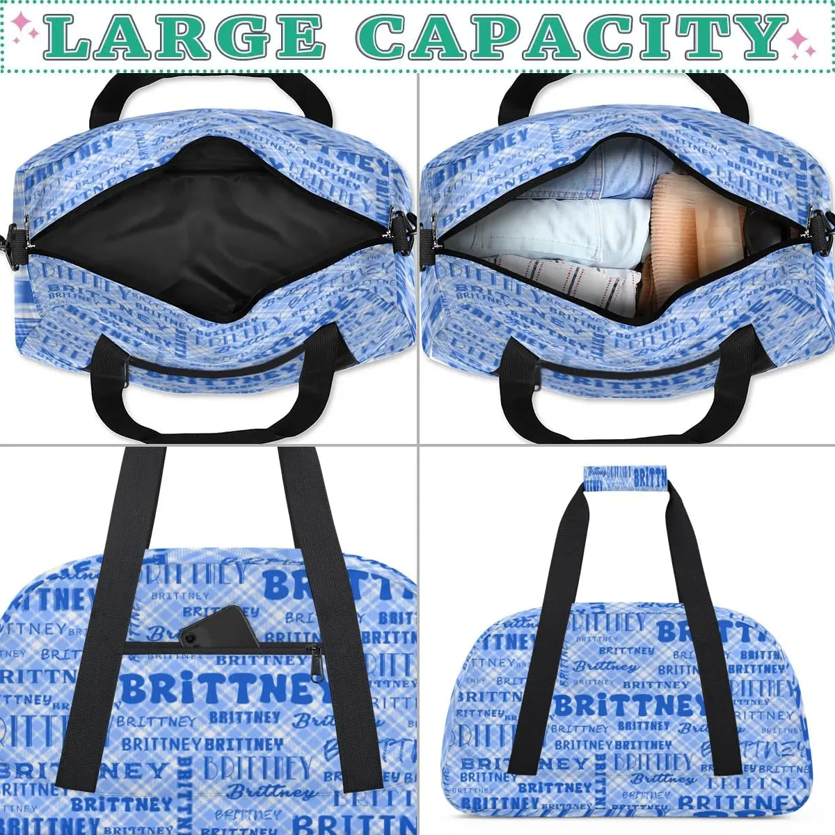 Blue Texture Personalized Duffle Bag for Kids Custom Dance Ballet Bag with Name Lightweight Travel Weekender Overnight Bags Sport Gym Duffel Bag Workout Carry On Tote for Girls Boys
