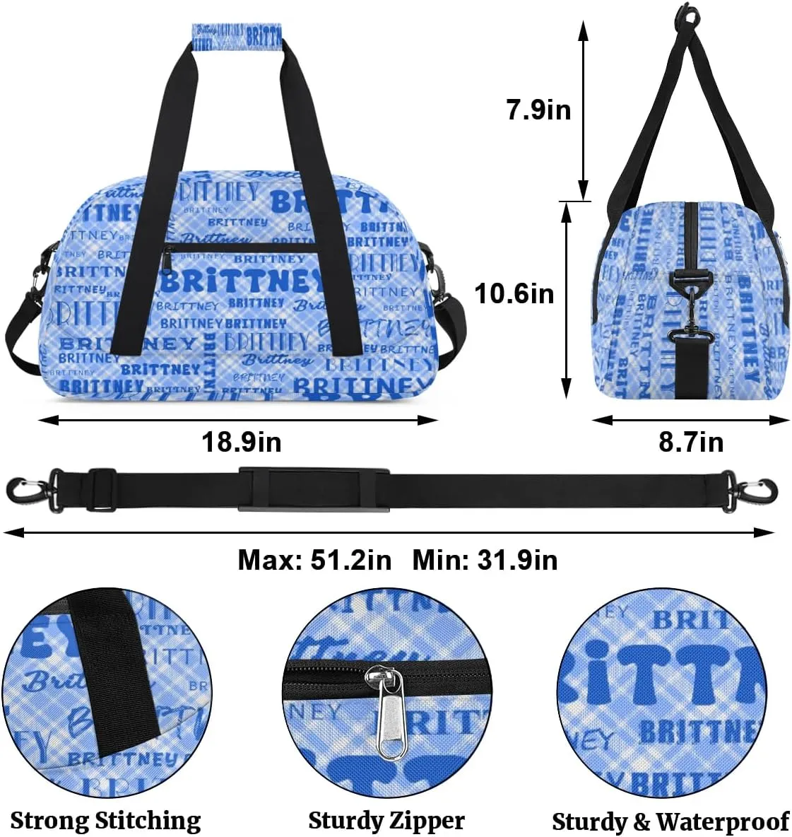 Blue Texture Personalized Duffle Bag for Kids Custom Dance Ballet Bag with Name Lightweight Travel Weekender Overnight Bags Sport Gym Duffel Bag Workout Carry On Tote for Girls Boys