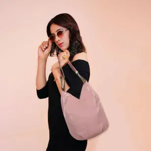 Blush Pink Glossy Hobo Bag with Gold Handle – Soft & Stylish