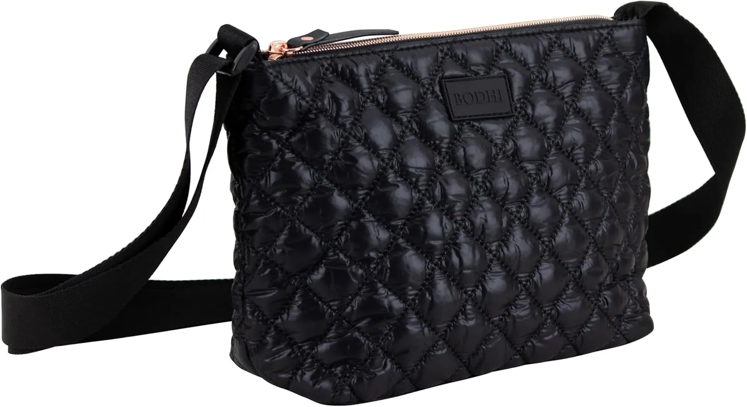 BODHI Quilted Crossbody Bag with Matching Pouch, Black, Rose Gold Zippers