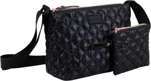 BODHI Quilted Crossbody Bag with Matching Pouch, Black, Rose Gold Zippers
