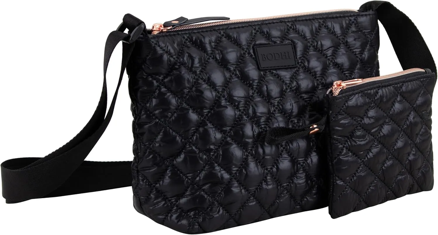 BODHI Quilted Crossbody Bag with Matching Pouch, Black, Rose Gold Zippers