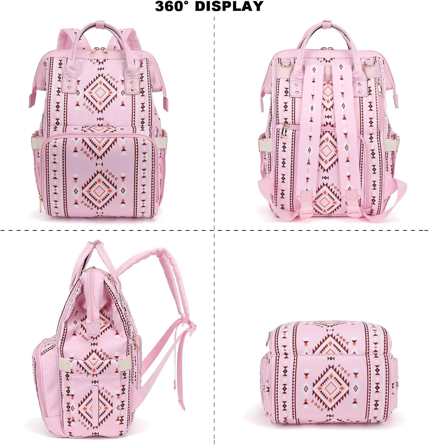 Boho Diaper Bag Backpack for Mom Dad, Multifunctional Bohemia Baby Nappy Backpack with Stroller Straps Insulated Pockets (Pink)
