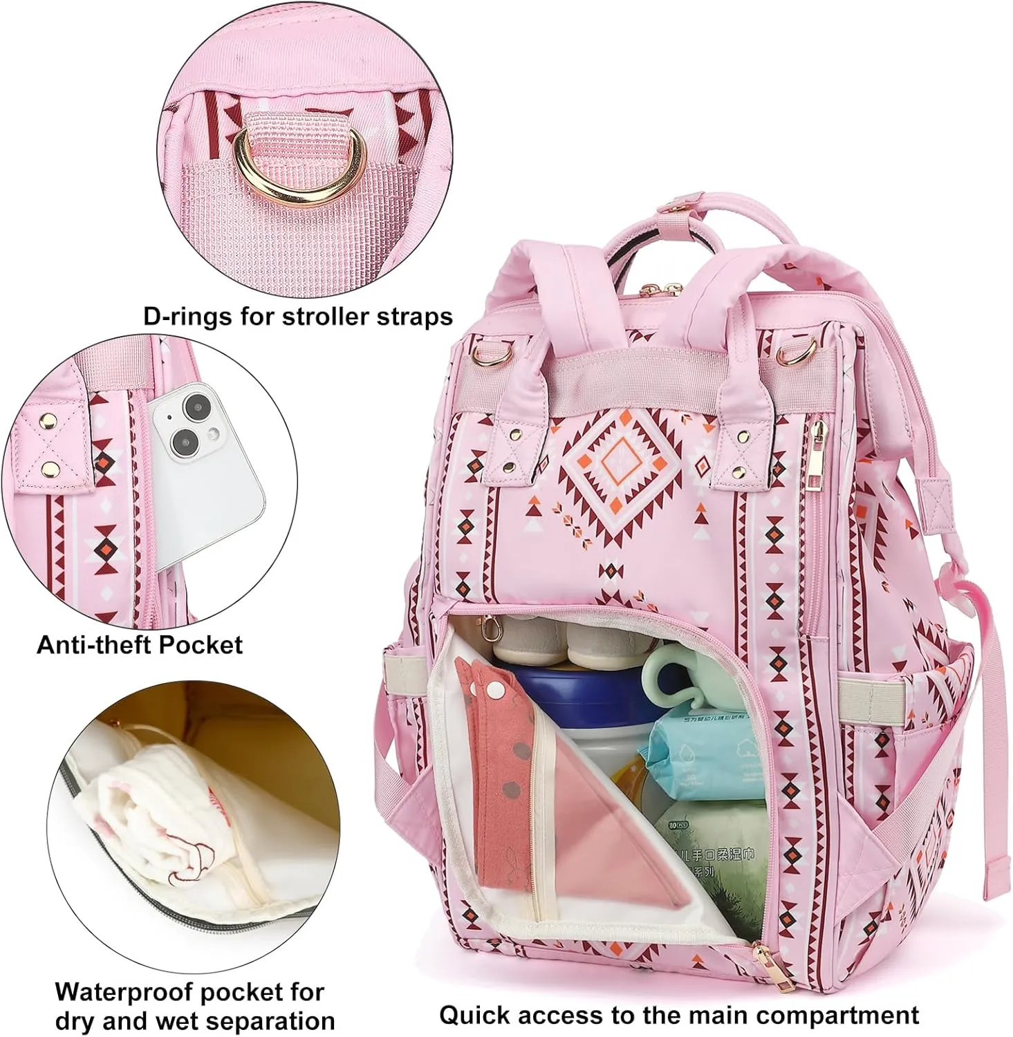 Boho Diaper Bag Backpack for Mom Dad, Multifunctional Bohemia Baby Nappy Backpack with Stroller Straps Insulated Pockets (Pink)