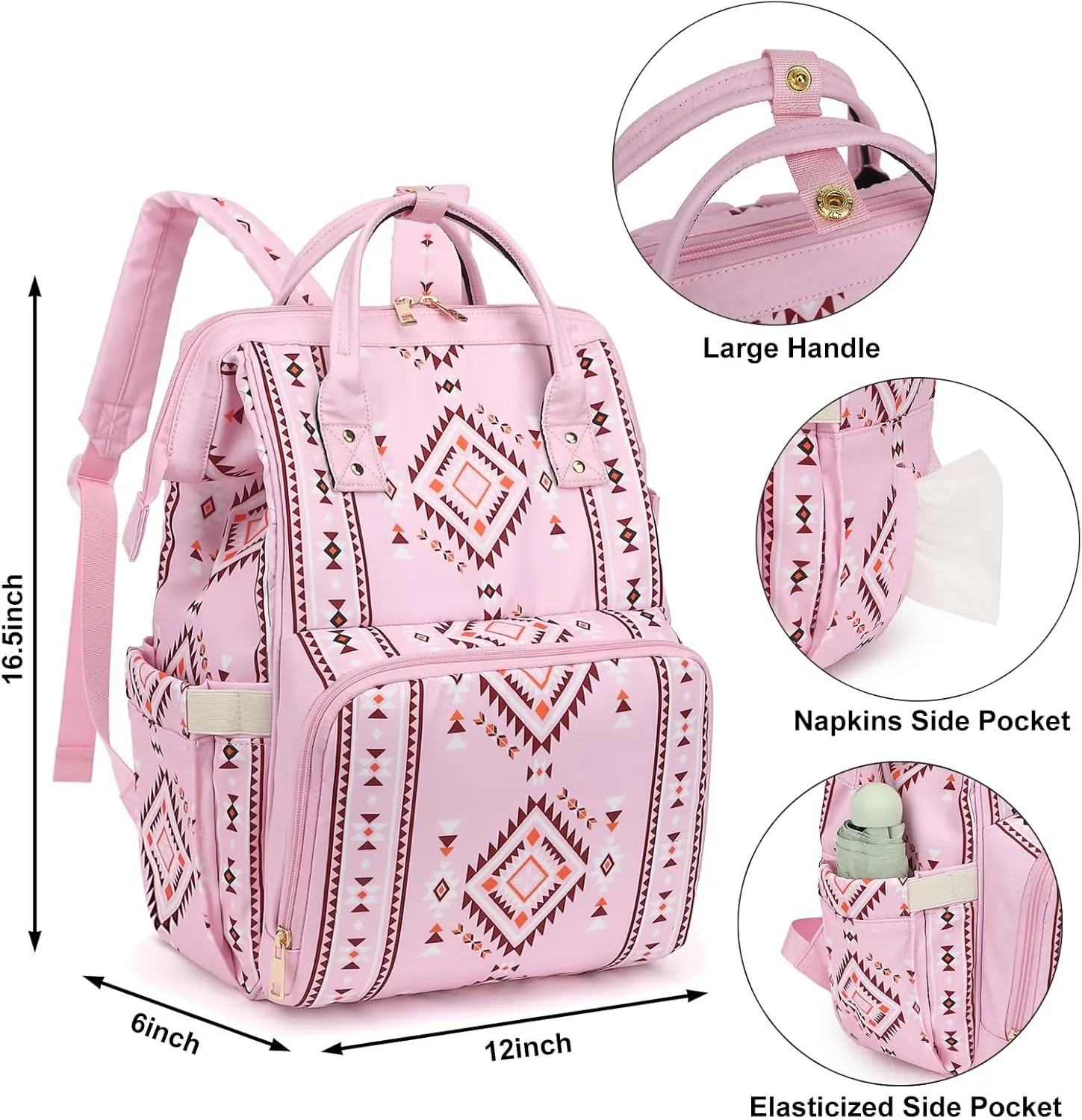 Boho Diaper Bag Backpack for Mom Dad, Multifunctional Bohemia Baby Nappy Backpack with Stroller Straps Insulated Pockets (Pink)