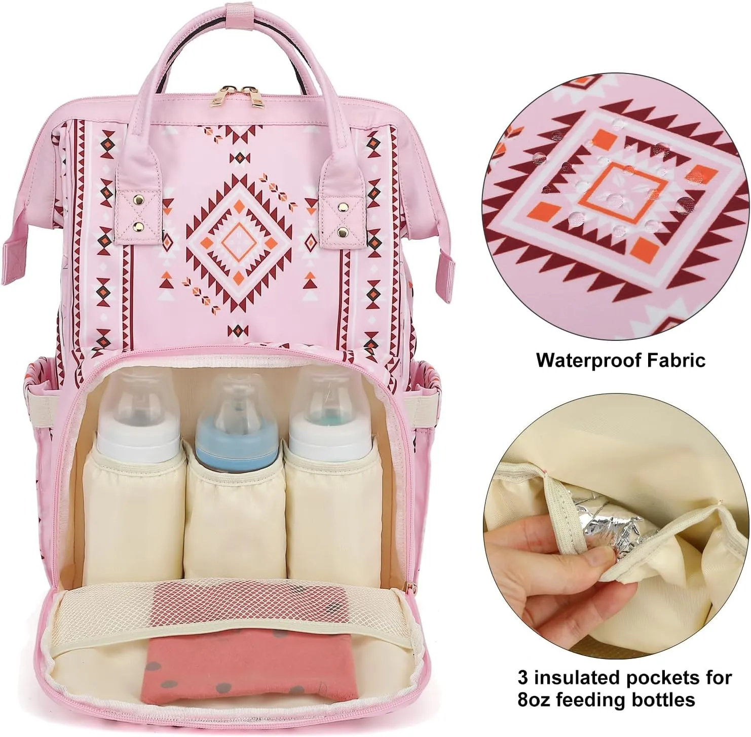Boho Diaper Bag Backpack for Mom Dad, Multifunctional Bohemia Baby Nappy Backpack with Stroller Straps Insulated Pockets (Pink)