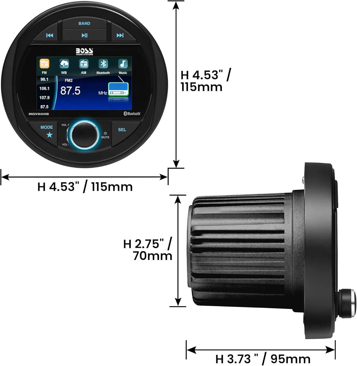 BOSS Audio Systems MGV500B Marine Boat Stereo Gauge Receiver – Bluetooth, No CD DVD Player, AM/FM Radio, 3 Inch Color Screen, Weatherproof