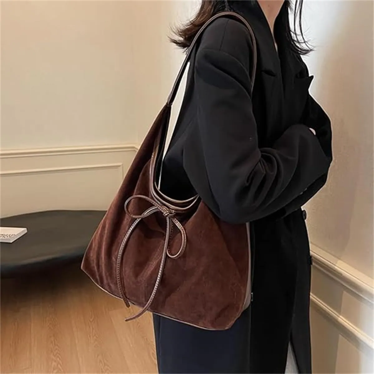 Bow Suede Tote Bag for Women,Trendy Purse Slouchy Hobo Bag with Elegant Bow,Vintage Large Capacity Work Tote Shoulder Handbag