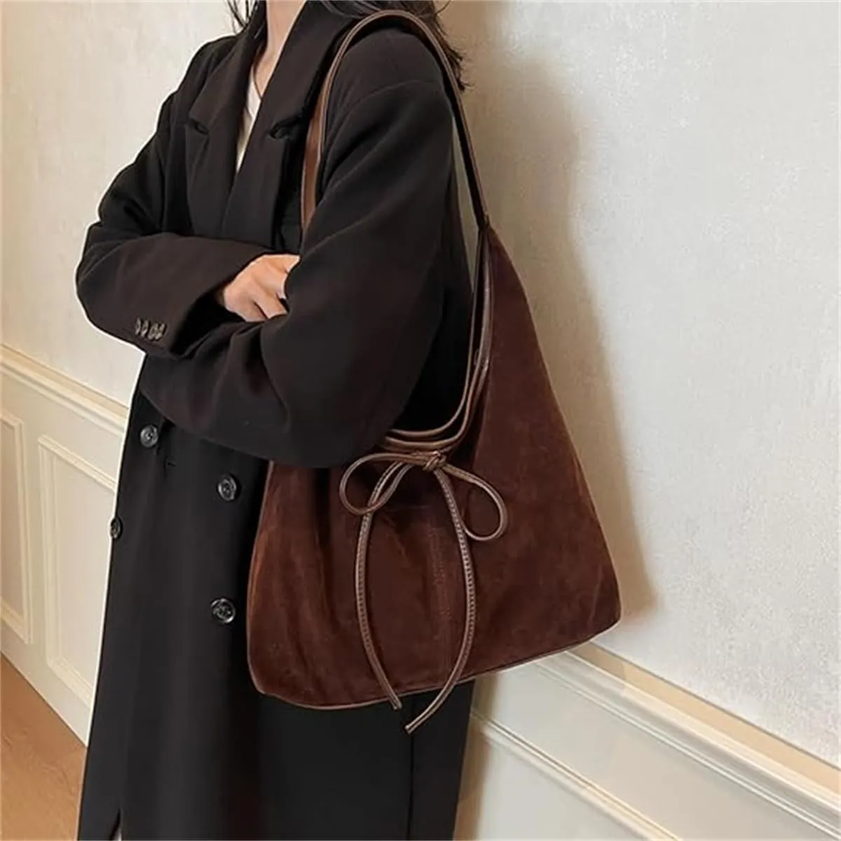Bow Suede Tote Bag for Women,Trendy Purse Slouchy Hobo Bag with Elegant Bow,Vintage Large Capacity Work Tote Shoulder Handbag
