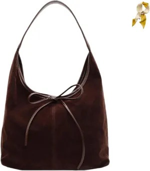 Bow Suede Tote Bag for Women,Trendy Purse Slouchy Hobo Bag with Elegant Bow,Vintage Large Capacity Work Tote Shoulder Handbag
