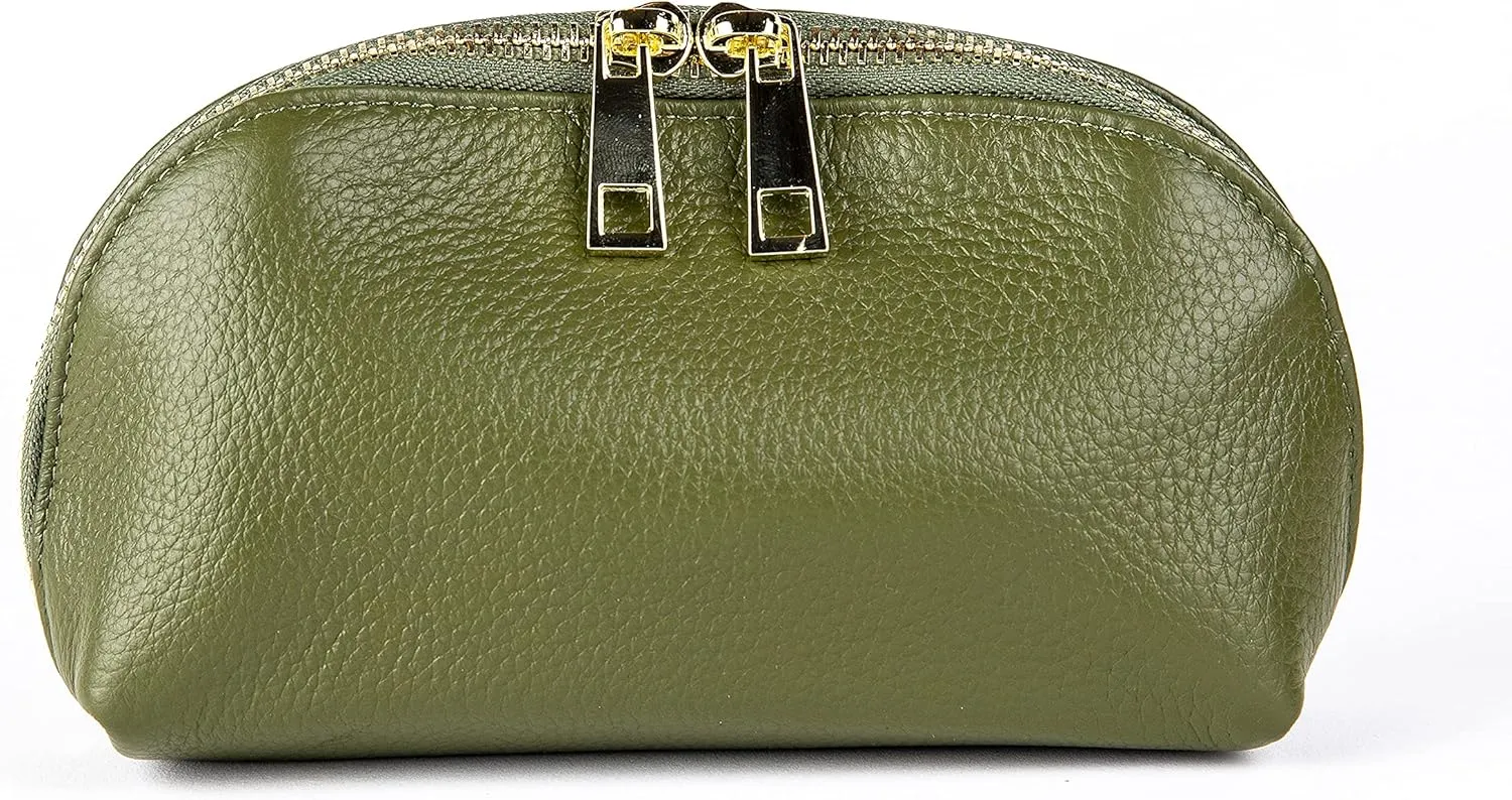 BOZOK Leather Cosmetic Makeup Case Genuine Pebble Leather Makeup Bag Cosmetic Pouch Travel Organizer Toiletry Clutch Pencil Case… (Olive Green)