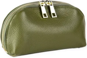 BOZOK Leather Cosmetic Makeup Case Genuine Pebble Leather Makeup Bag Cosmetic Pouch Travel Organizer Toiletry Clutch Pencil Case… (Olive Green)