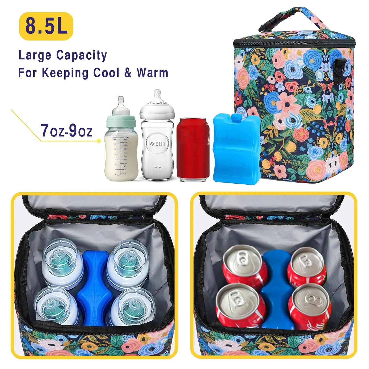 Breastmilk Cooler Bag with Ice Pack Fits 4 Baby Bottles Up to 9 Ounce Insulated Baby Bottle Bag Breast Milk Cooler on The Go with Strap Baby Bottle Cooler Bag for Nursing Mom Daycare or Travel