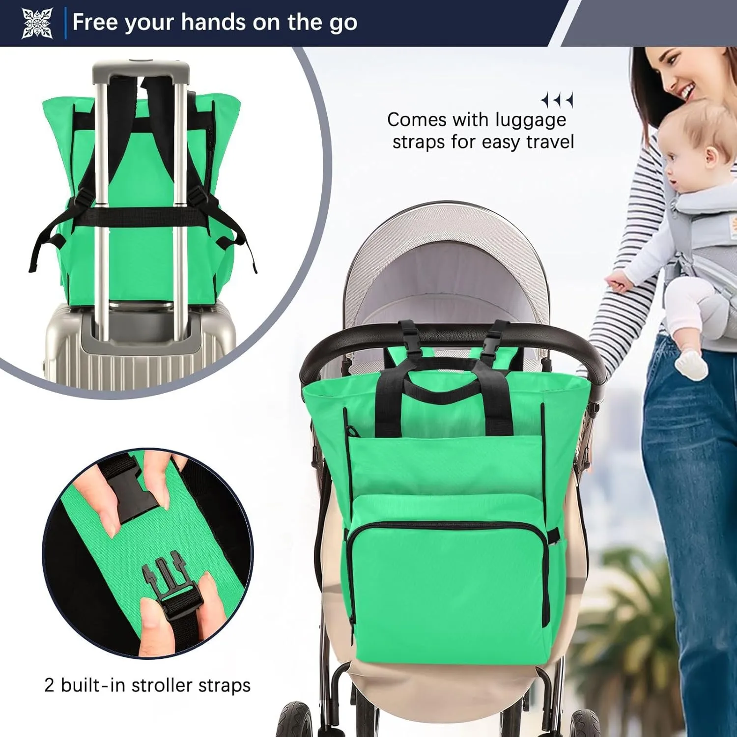 Bright Green Diaper Bag Backpack for Baby Boys Girls Baby Essentials Travel Tote with Stroller Straps & Bottle Storage Nappy Changing Bag for Traveling Shopping Hiking Moms Dads Baby Shower Gifts