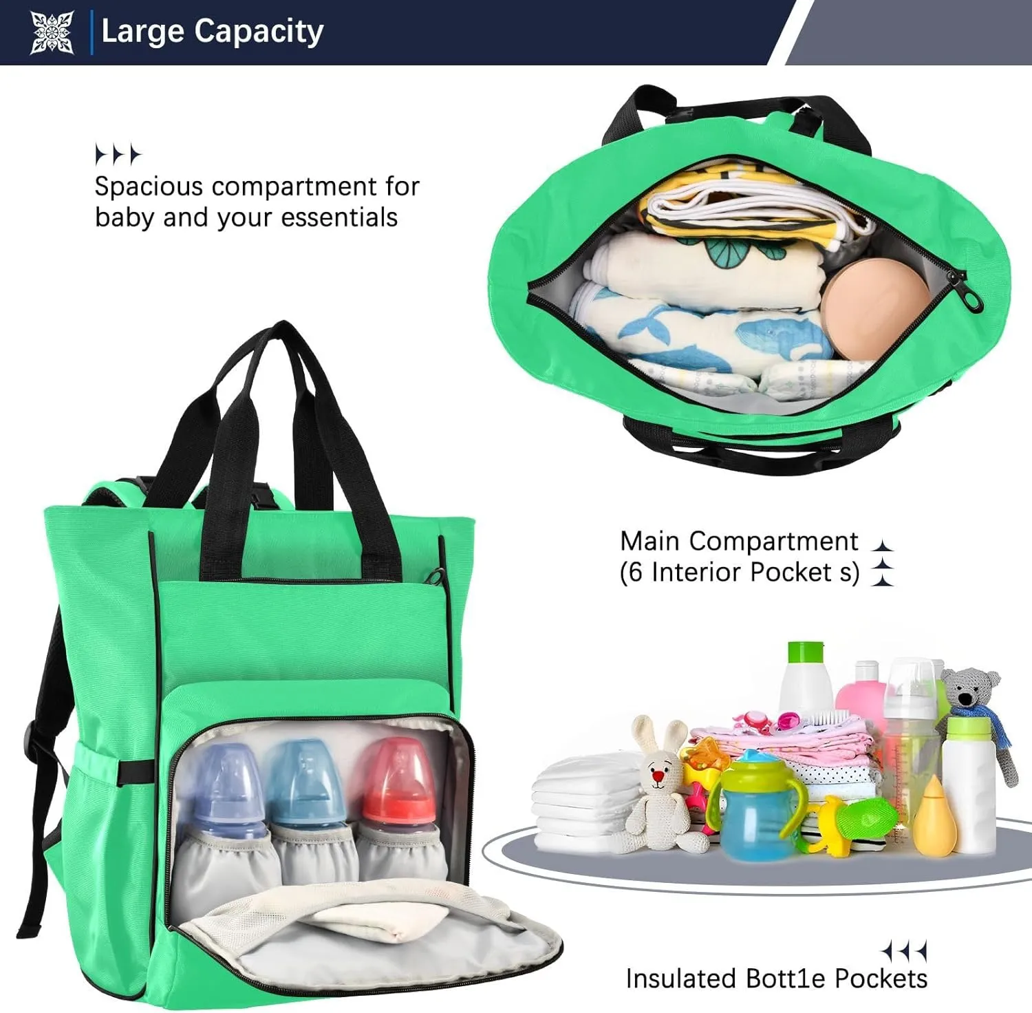 Bright Green Diaper Bag Backpack for Baby Boys Girls Baby Essentials Travel Tote with Stroller Straps & Bottle Storage Nappy Changing Bag for Traveling Shopping Hiking Moms Dads Baby Shower Gifts