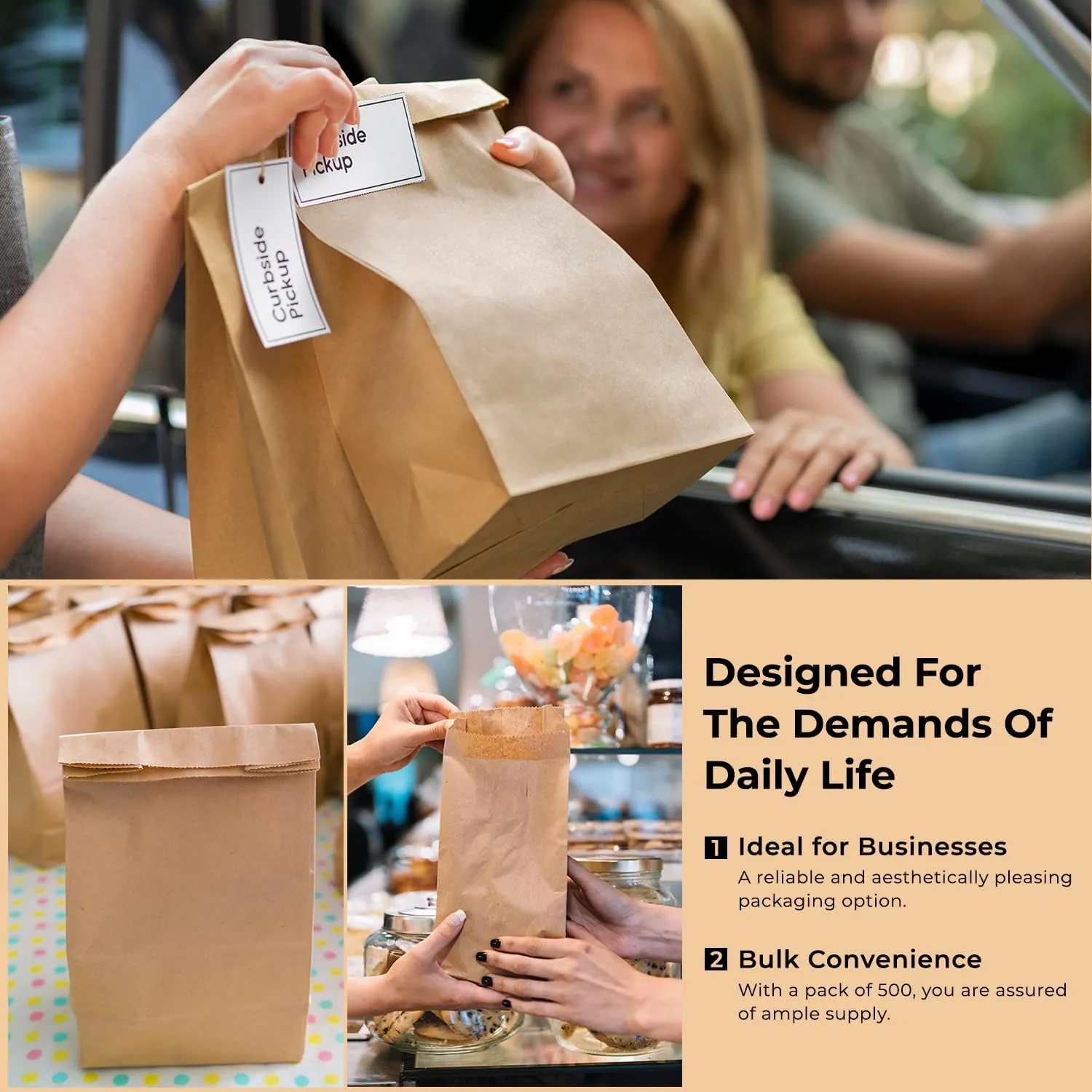 Brown Paper Bags - 8 Lb Grocery Bags - Disposable Paper Lunch Bags Snack Bags Perfect for Bakery, Cookies Treat,Shopping, Storage Bulk Paper Bags Small Gift Bag 6.1 x 4.25 x 12.3 In - 500 Count