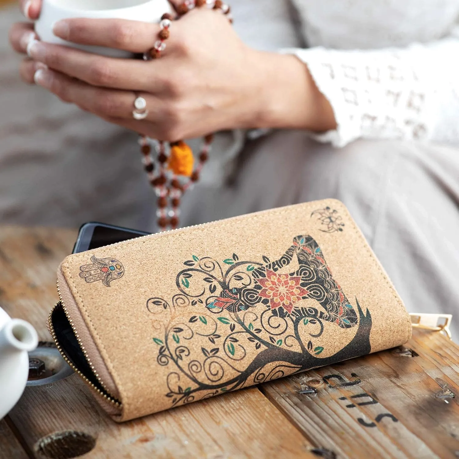 Buddha Cork Vegan Wristlet Wallet - credit card, business cards, coins & bills Room for Cellphone
