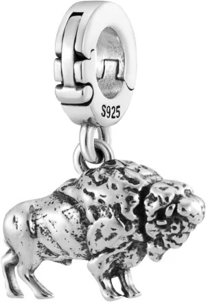 Buffalo Open Clasp Clip On Pendant 925 Sterling Silver Charm For Pandora & Other Charm Bracelets/Necklaces
