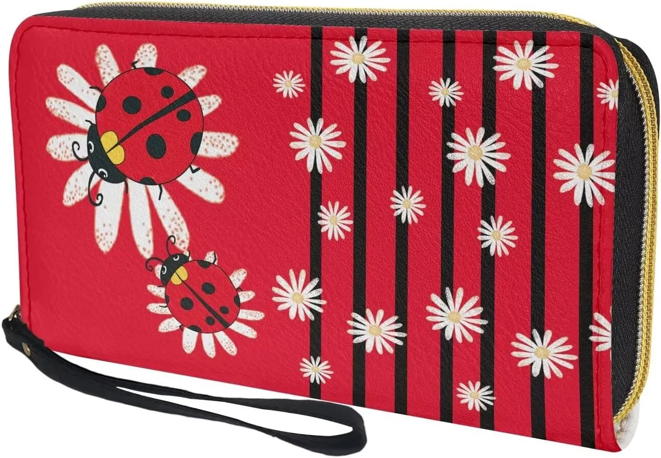 Bulopur Floral Ladybug Wallets Womens Zipper Wristlet Wallet Red Minimalist Wallet PU Leather Ladies Handbag with Wristlet Gifts for Ladybug Lovers