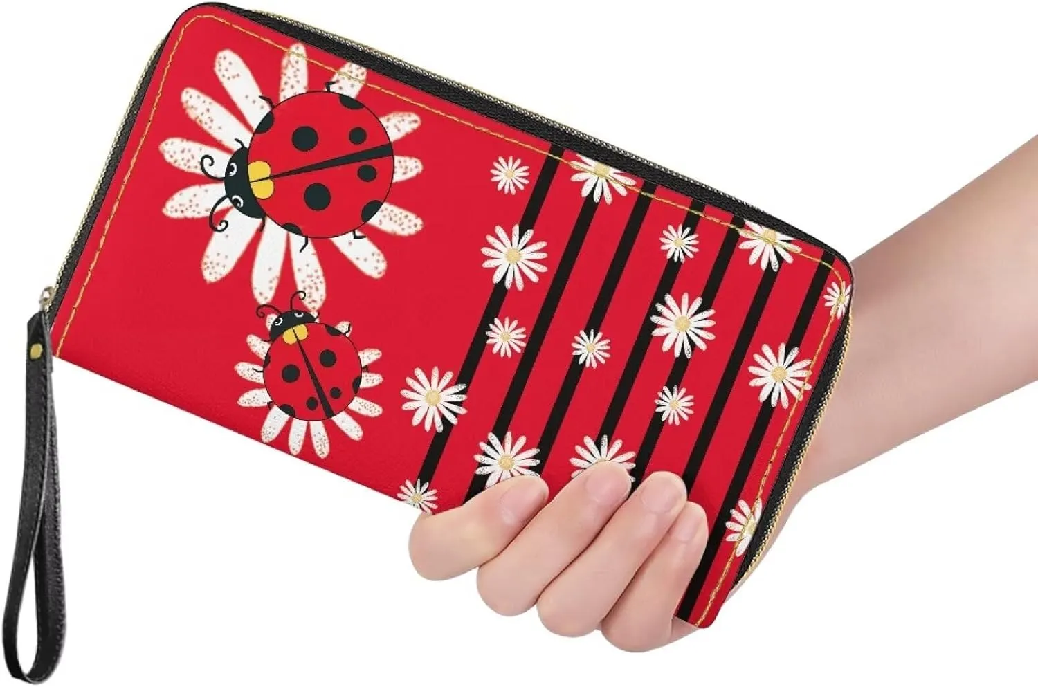 Bulopur Floral Ladybug Wallets Womens Zipper Wristlet Wallet Red Minimalist Wallet PU Leather Ladies Handbag with Wristlet Gifts for Ladybug Lovers