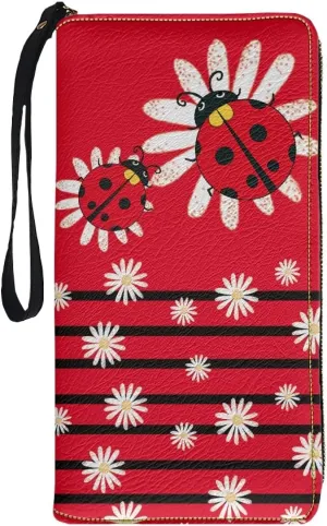 Bulopur Floral Ladybug Wallets Womens Zipper Wristlet Wallet Red Minimalist Wallet PU Leather Ladies Handbag with Wristlet Gifts for Ladybug Lovers