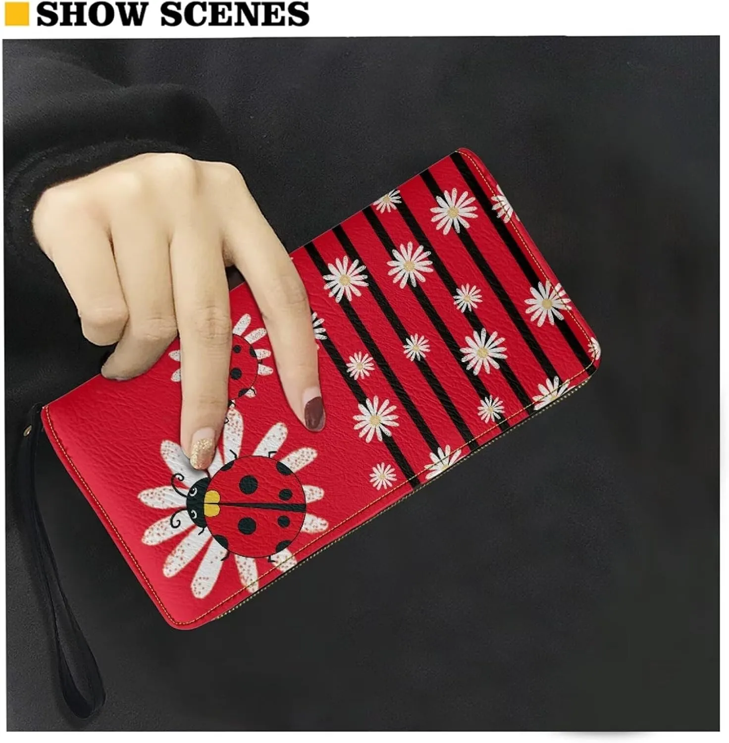 Bulopur Floral Ladybug Wallets Womens Zipper Wristlet Wallet Red Minimalist Wallet PU Leather Ladies Handbag with Wristlet Gifts for Ladybug Lovers