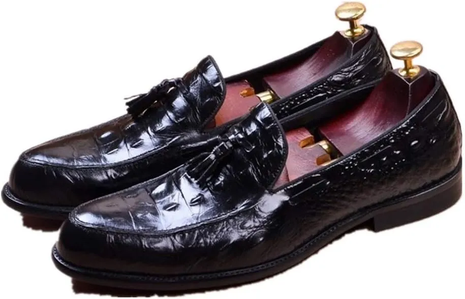 Burnished Crocodile Oxford for Men Formal Shoes Slip On Tassels Round Toe Block Heel Solid Color Casual Business Low Top