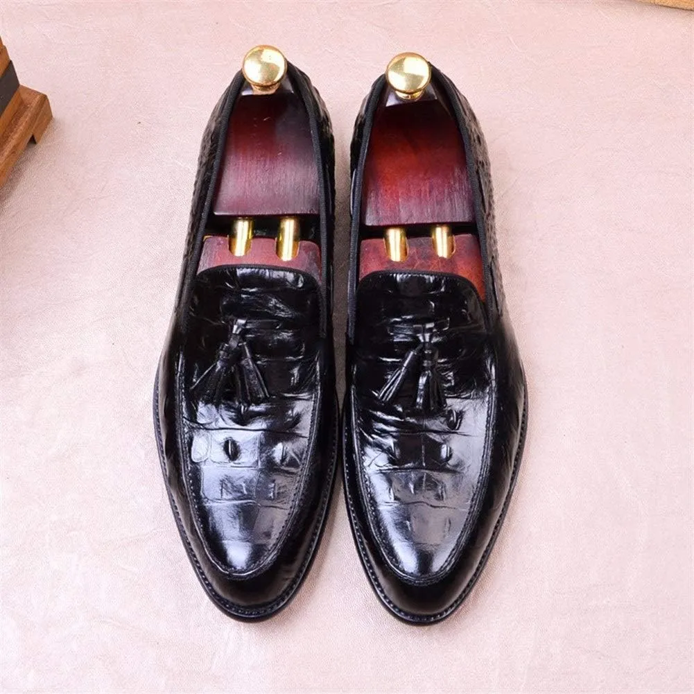 Burnished Crocodile Oxford for Men Formal Shoes Slip On Tassels Round Toe Block Heel Solid Color Casual Business Low Top