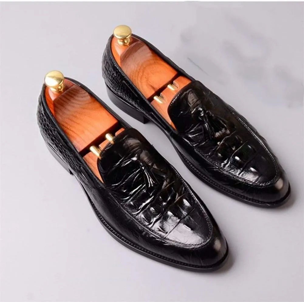 Burnished Crocodile Oxford for Men Formal Shoes Slip On Tassels Round Toe Block Heel Solid Color Casual Business Low Top