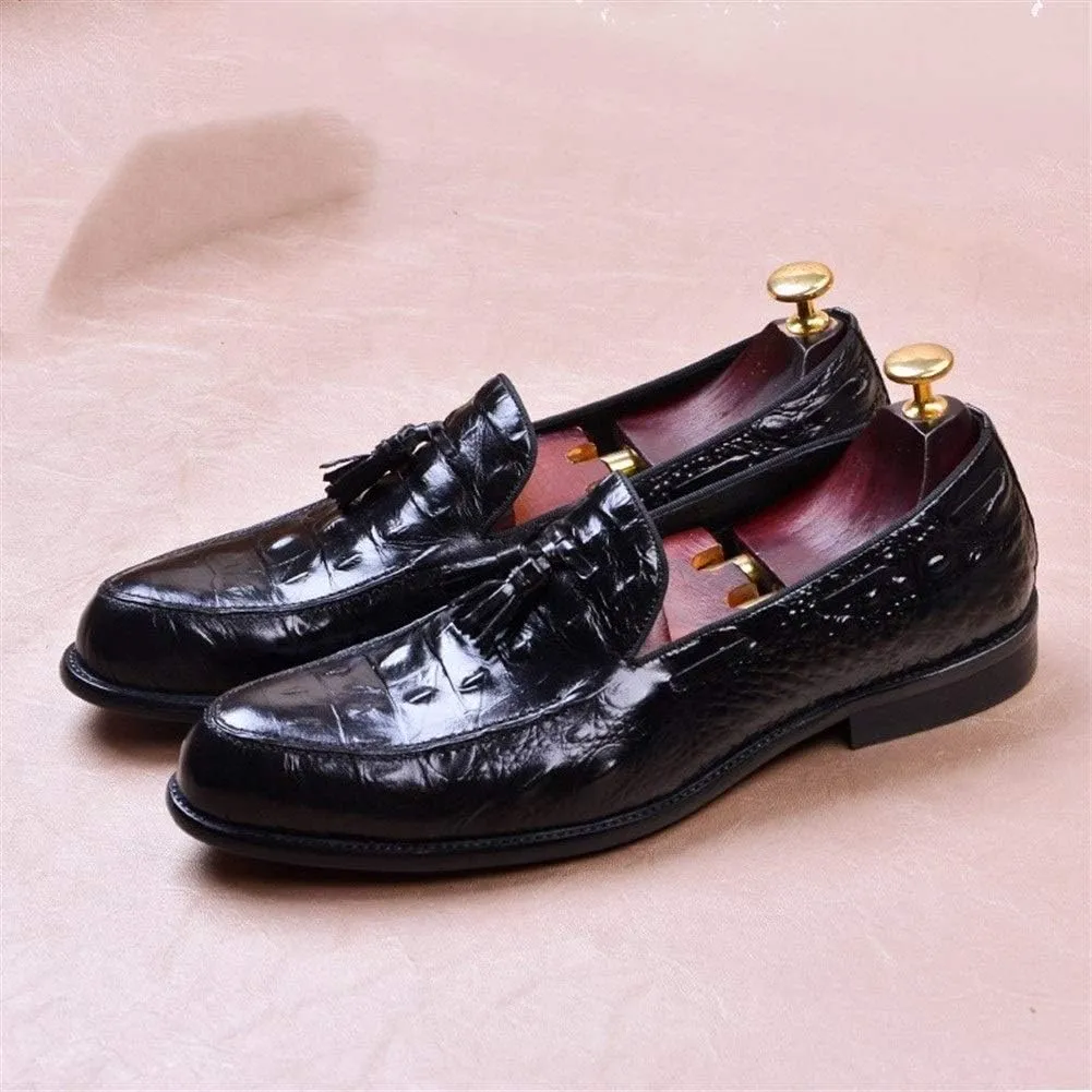 Burnished Crocodile Oxford for Men Formal Shoes Slip On Tassels Round Toe Block Heel Solid Color Casual Business Low Top