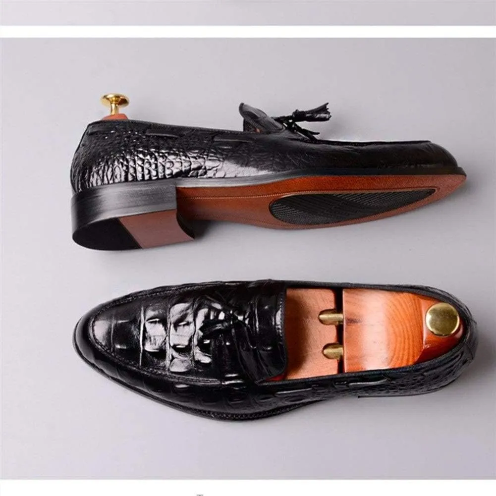 Burnished Crocodile Oxford for Men Formal Shoes Slip On Tassels Round Toe Block Heel Solid Color Casual Business Low Top