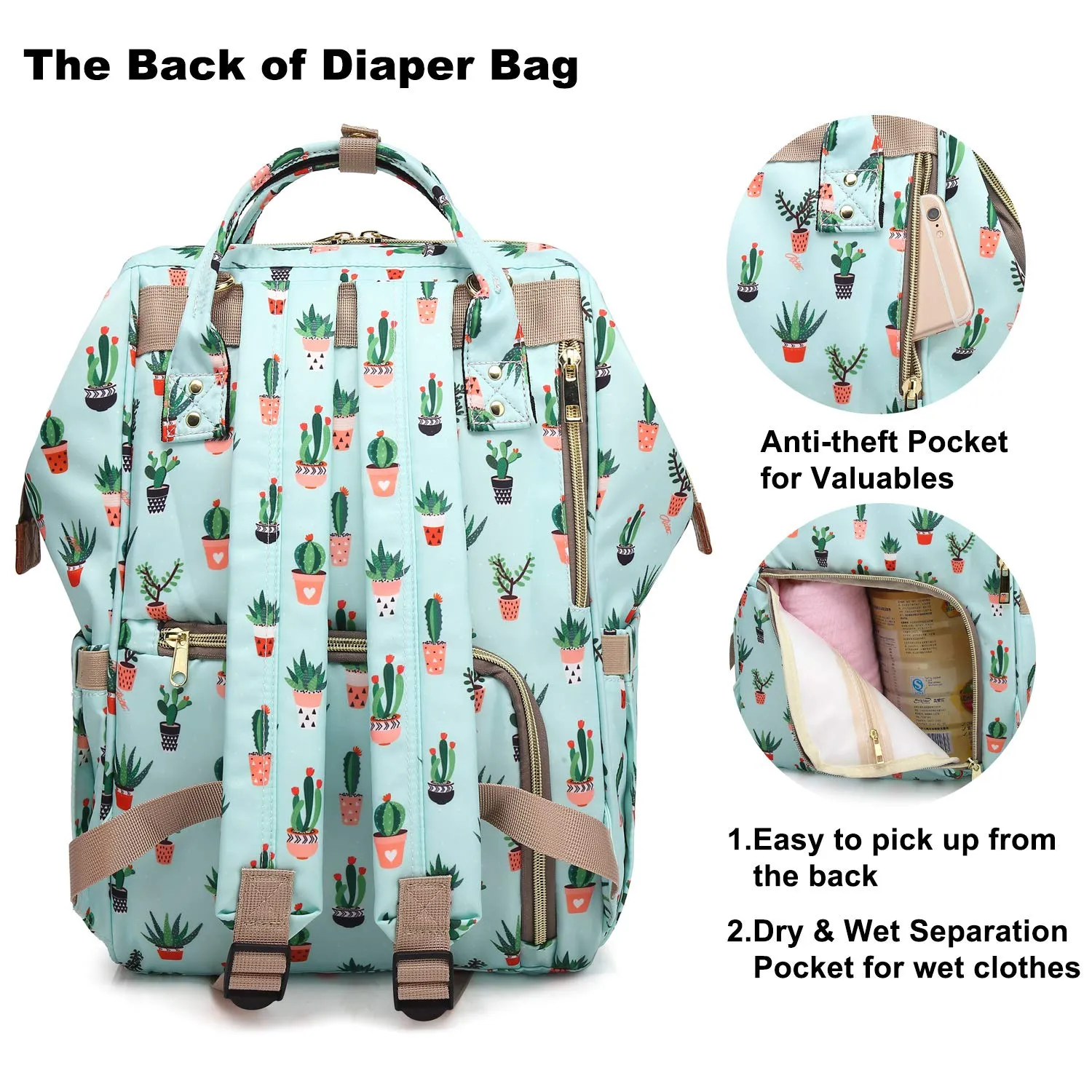 Cactus Diaper Bag Backpack, Women Waterproof Travel Nappy Bag for Baby Care