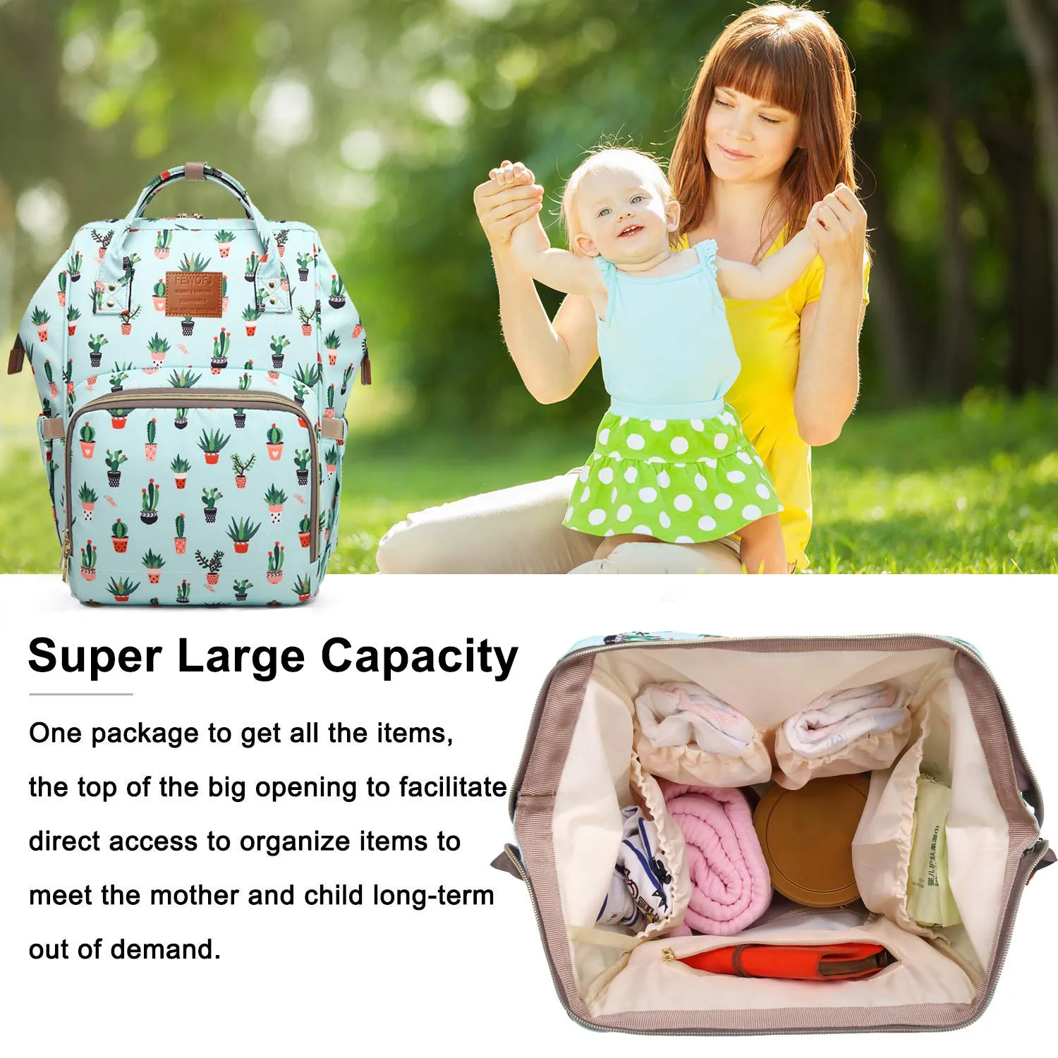 Cactus Diaper Bag Backpack, Women Waterproof Travel Nappy Bag for Baby Care