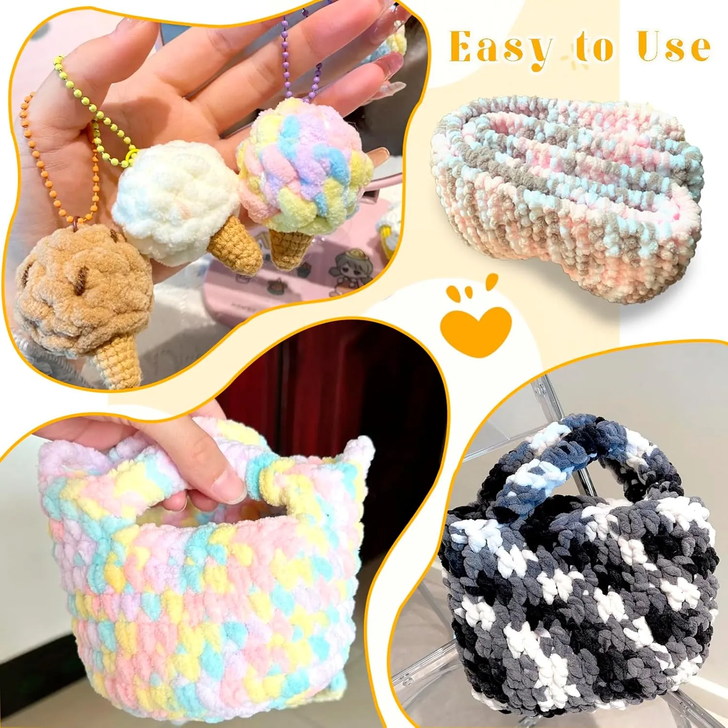 CAMAL 5 Pack Loop Yarn for Finger Knitting Soft Fluffy Finger Rainbow Loop Chunky Chenille Plush Yarn for Crocheting Blanket, Rugs, Scarfs, DIY Handbags, Hand Crafts(Black White)