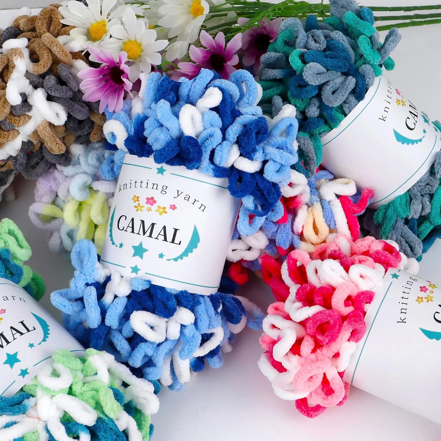 CAMAL 5 Pack Loop Yarn for Finger Knitting Soft Fluffy Finger Rainbow Loop Chunky Chenille Plush Yarn for Crocheting Blanket, Rugs, Scarfs, DIY Handbags, Hand Crafts(Blue Gray)