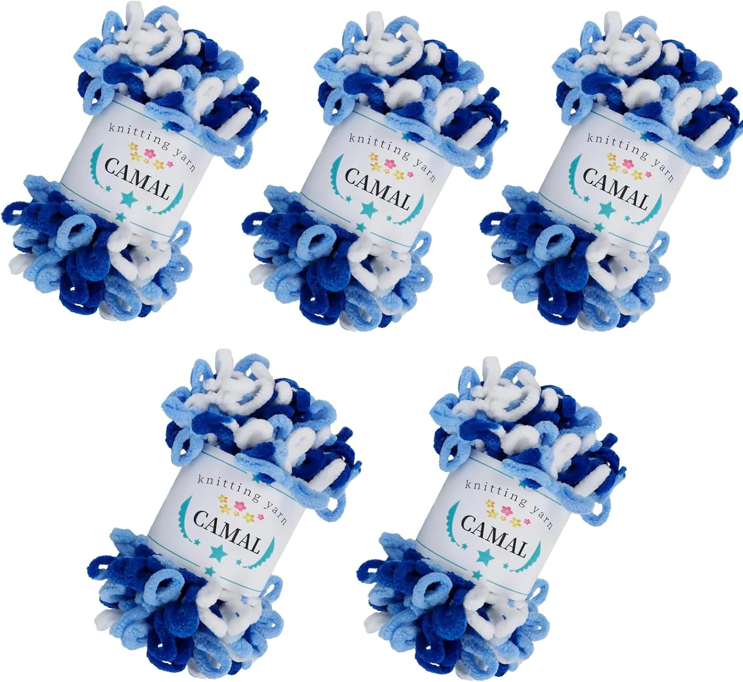 CAMAL 5 Pack Loop Yarn for Finger Knitting Soft Fluffy Finger Rainbow Loop Chunky Chenille Plush Yarn for Crocheting Blanket, Rugs, Scarfs, DIY Handbags, Hand Crafts(Colorful Blue)