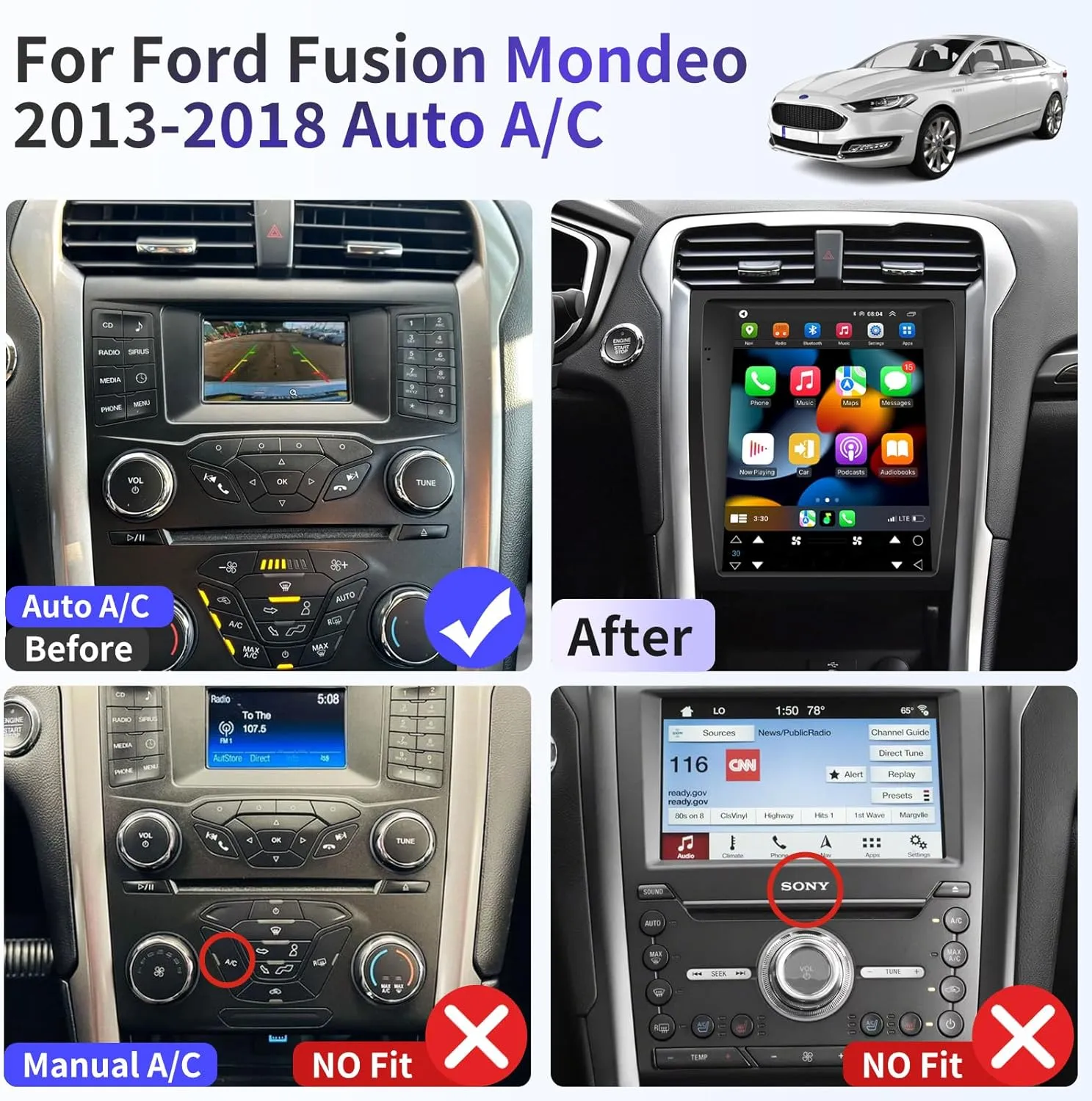 Car Radio Stereo for Ford Fusion Mondeo 2013-2018 Android 11 12.1" Touch Screen Replacement with Wireless CarPlay & Android Auto/GPS Navigation/WiFi/GPS/Mirror Link/Bluetooth/DSP/FM/AM (for Auto AC)