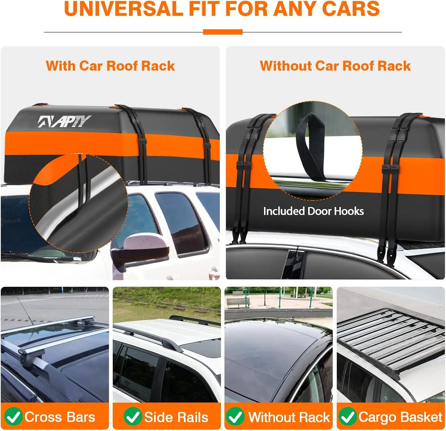 Car Rooftop Cargo Bag Carrier, 16 Cubic Feet Soft Roof Top Luggage Bag for All Vechicles with/Without Racks - with Waterproof Zip, Luggage Lock, Anti-Slip Mat, Door Hooks, Storage Bag