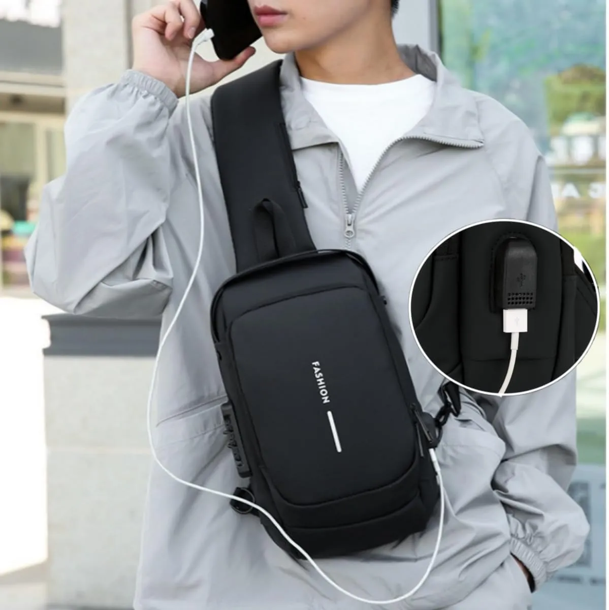 Carbon Fiber Streamline Anti-theft Sling Bag - 2025 New USB Charging Sport Sling, Waterproof Shoulder Backpack (Blue)