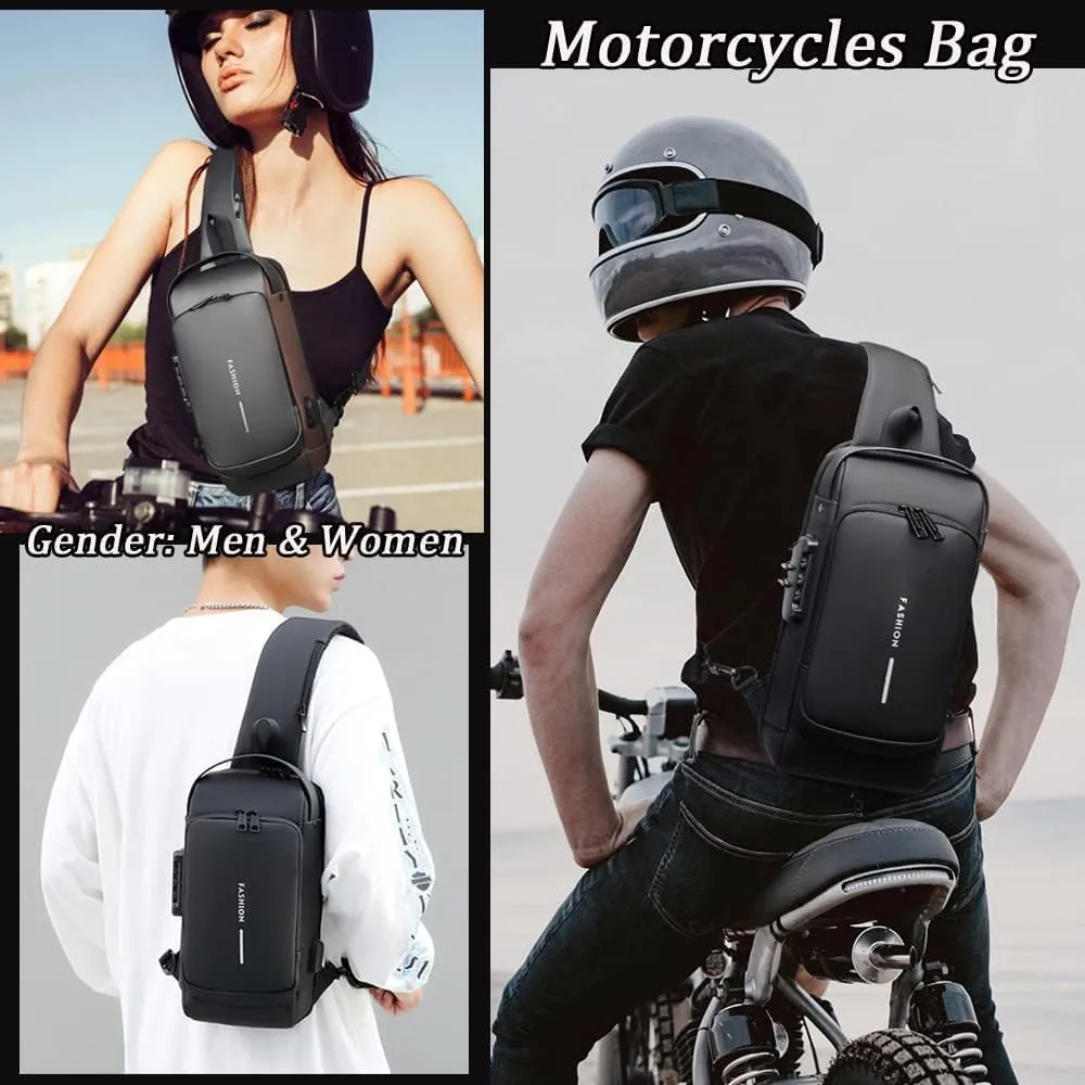 Carbon Fiber Streamline Anti-theft Sling Bag, USB Charging Sport Sling Waterproof Anti Theft Shoulder Bag (Black with brown)