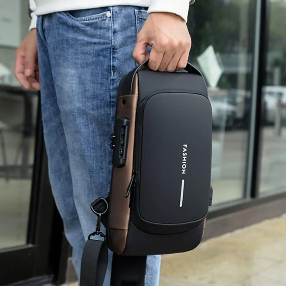 Carbon Fiber Streamline Anti-theft Sling Bag, USB Charging Sport Sling Waterproof Anti Theft Shoulder Bag (Black with brown)