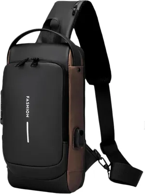 Carbon Fiber Streamline Anti-theft Sling Bag, USB Charging Sport Sling Waterproof Anti Theft Shoulder Bag (Black with brown)