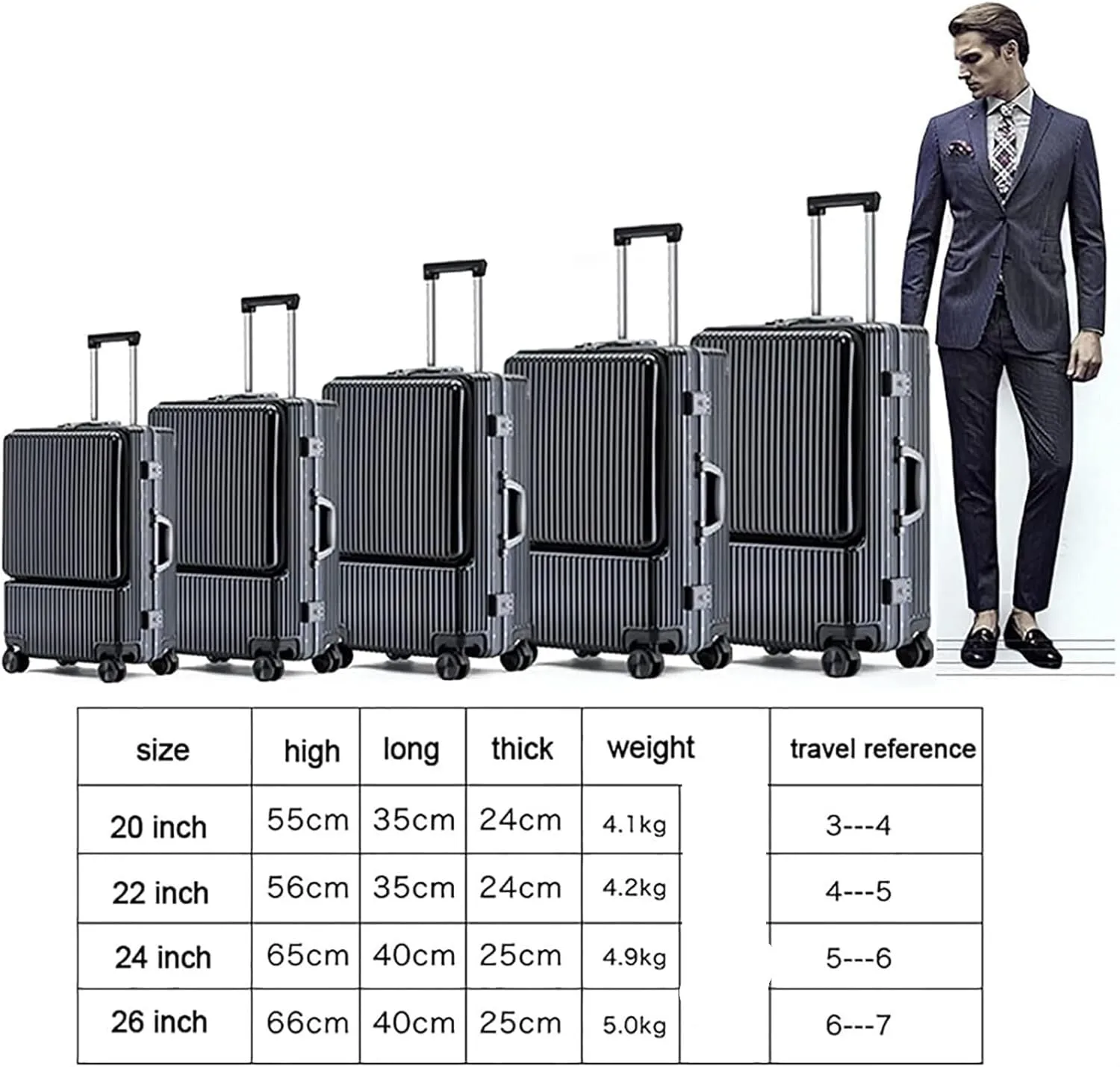 Carry On Luggages Suitcase Luggage with Front Pocket,Aluminum Frame Suitcase with USB Charging Port & TSA Lock Luggage Suitcases (Sliver-26 in