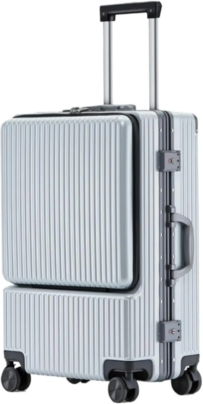 Carry On Luggages Suitcase Luggage with Front Pocket,Aluminum Frame Suitcase with USB Charging Port & TSA Lock Luggage Suitcases (Sliver-26 in