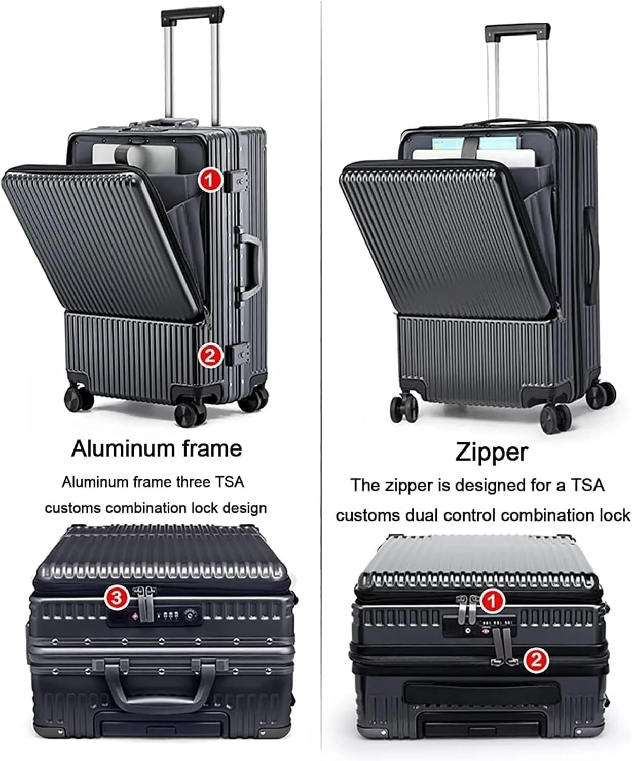 Carry On Luggages Suitcase Luggage with Front Pocket,Aluminum Frame Suitcase with USB Charging Port & TSA Lock Luggage Suitcases (Sliver-26 in