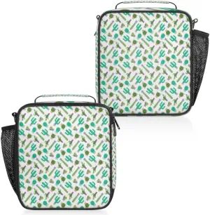 Cartoon Cactus Succulents Insulated Lunch Bag Reusable Waterproofing Lunch Box with Shoulder Strap Handle and Water Bottle Net Bag for Travel Camping Beach Picnic