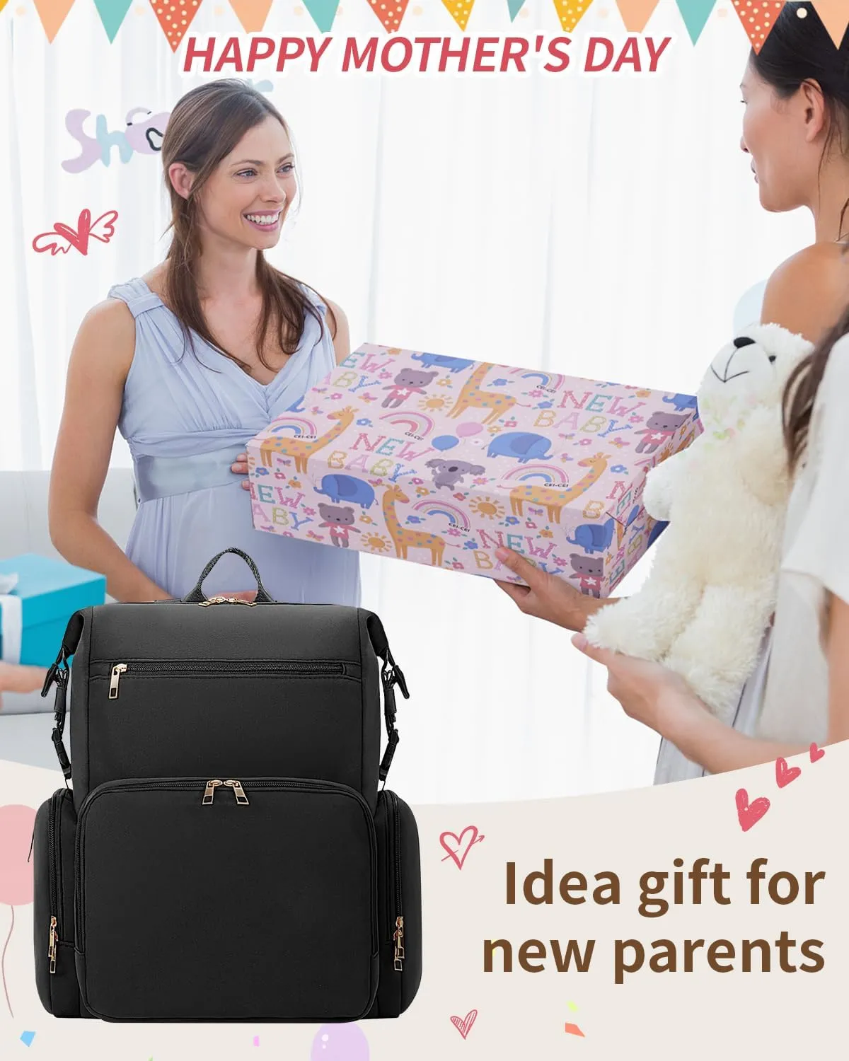 CEI-CEI Neoprene Diaper Bag Backpack with Changing Pad, Large Newborn Baby Maternity Bags Travel Tote with Insulated Pockets Mother‘s Day Gift (Black)